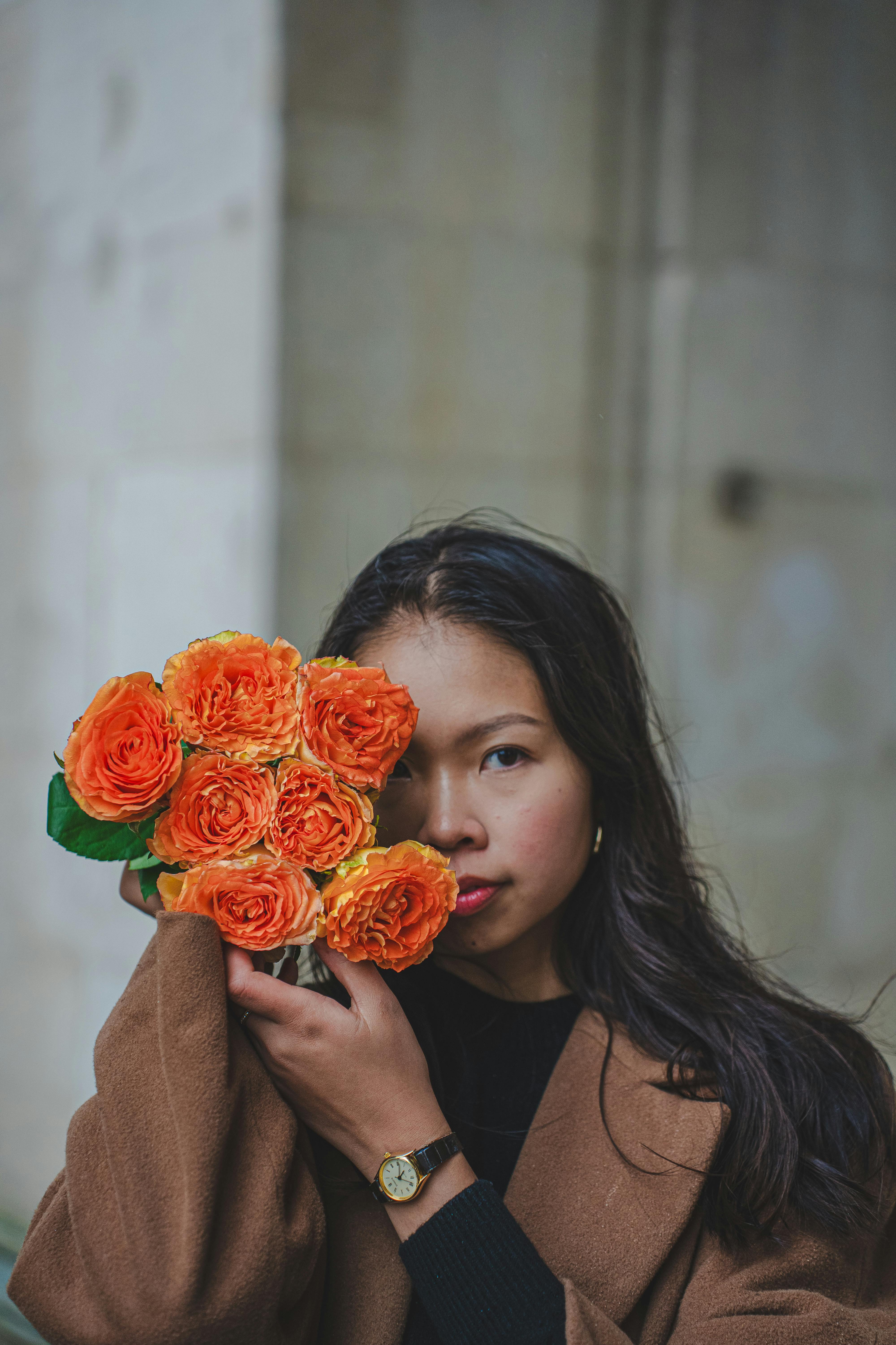 elegant portrait with orange roses in munich