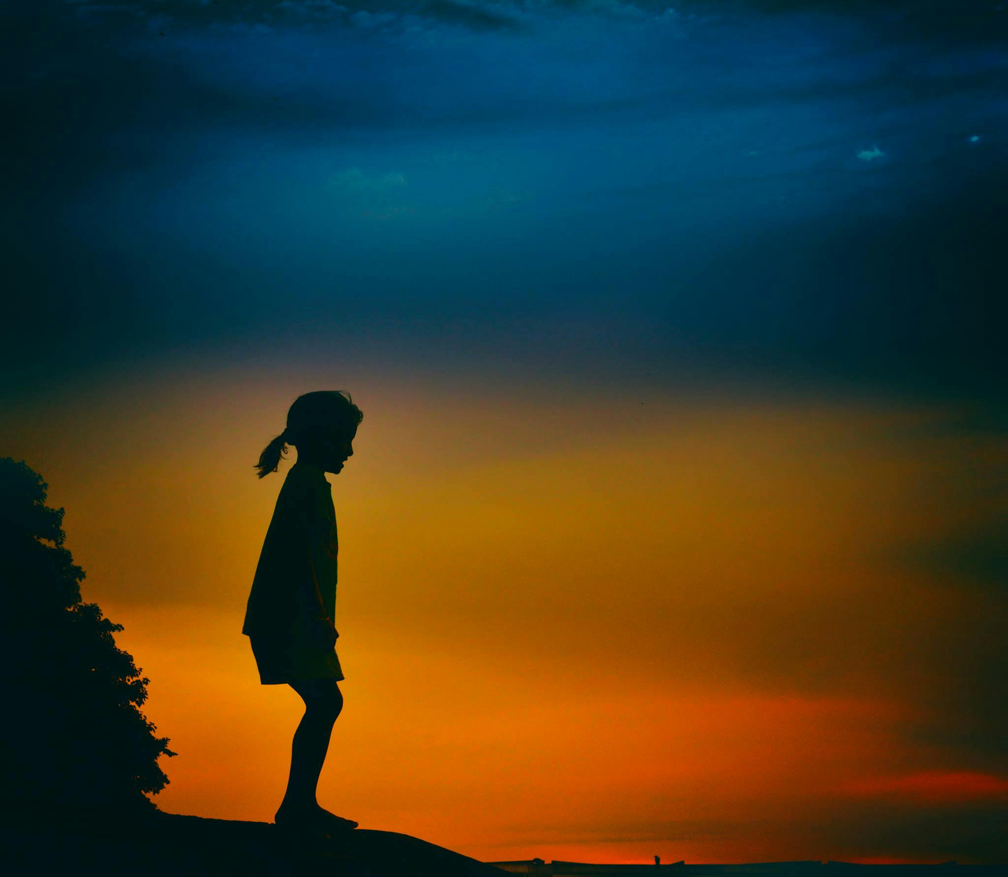 Silhouette Of Girl During Night Time Painting Free Stock Photo
