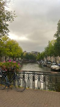 Peaceful Amsterdam canal with bicycle and vibrant flowers.