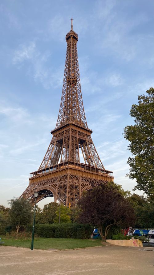 Free Stunning view of the Eiffel Tower surrounded by trees under a clear sky. Stock Photo