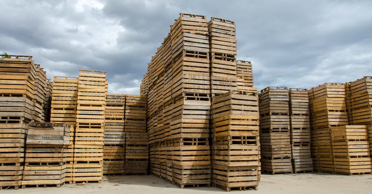 Wooden pallets stacked outdoors in a warehouse yard.