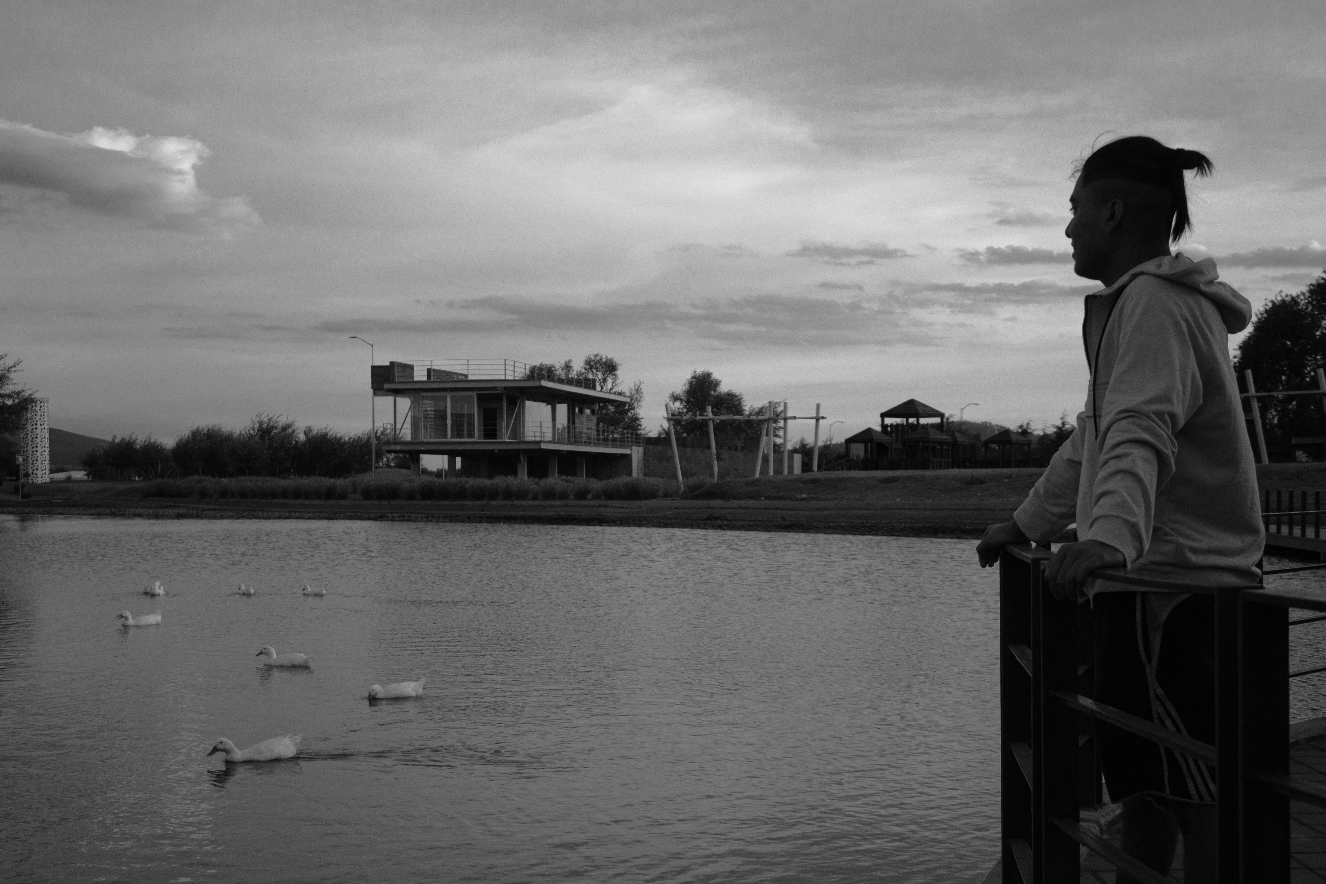 bezplatná Klidná Scéna U Jezera Při Západu Slunce V černé A Bílé Základová fotografie