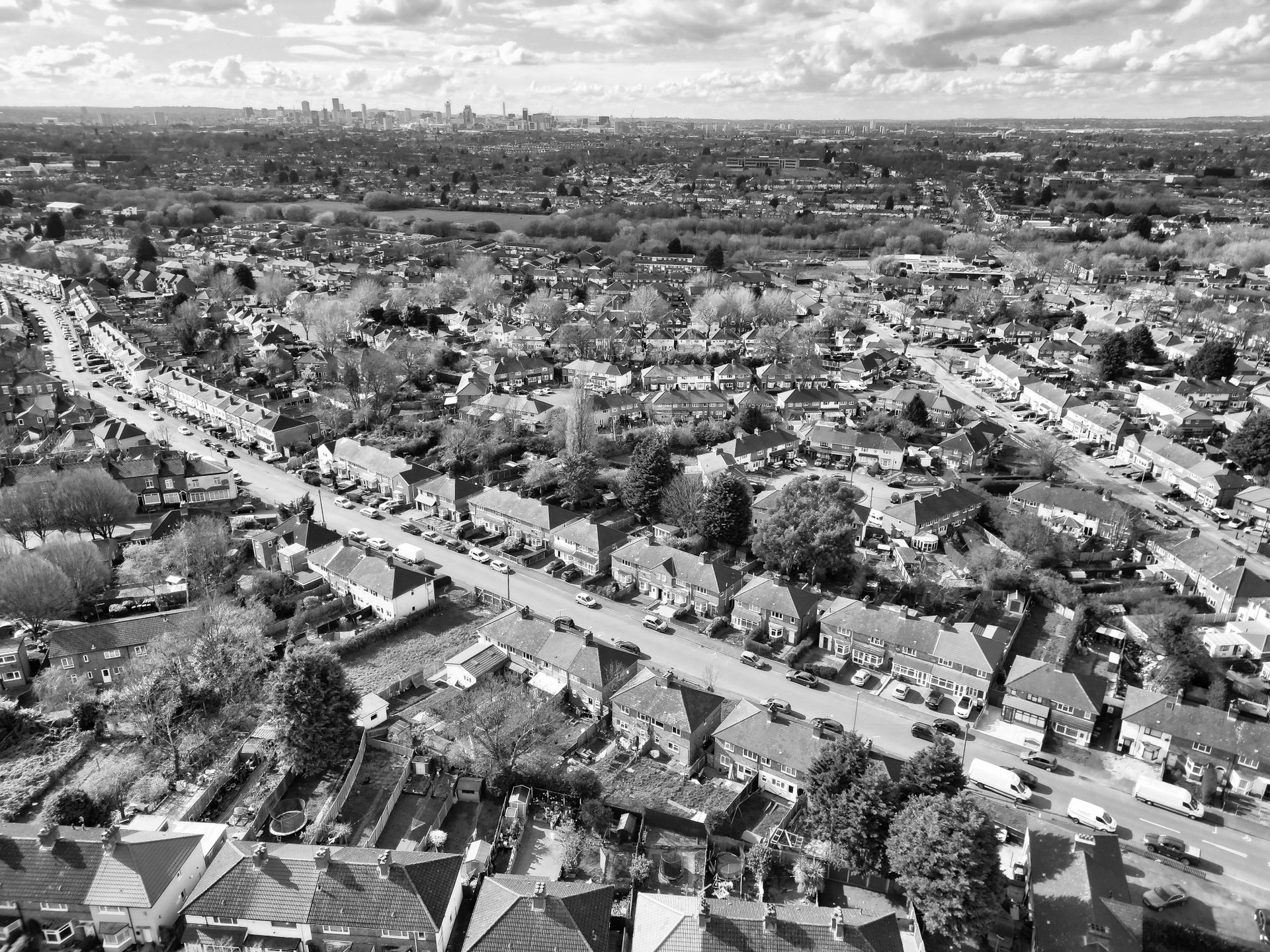 Aerial view of residential Birmingham and the West Midlands