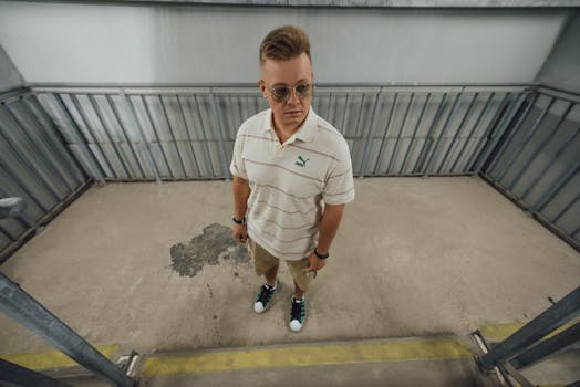 A young man in casual attire stands in an urban environment, viewed from above.