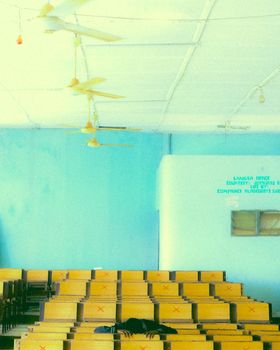 Vivid view of an empty classroom with wooden desks, ceiling fans, and a hint of solitude.
