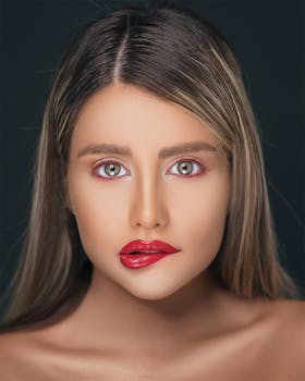 这幅优雅的肖像展现了一位女性动人的美丽，她妆容醒目，目光深邃