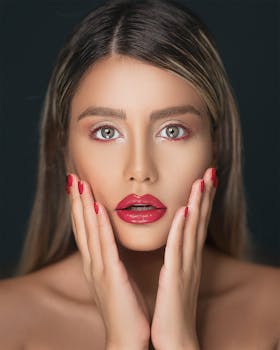 一张特写肖像中，女人的红唇与红甲凸显出美丽与优雅