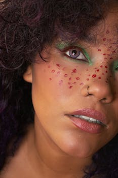 Vivid close-up of a woman with creative red and green makeup, curly hair.