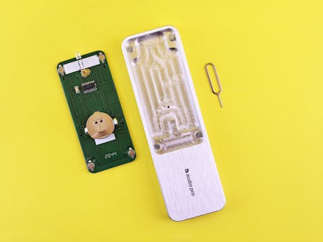 Close-up of a circuit board and metal components on a vivid yellow background.