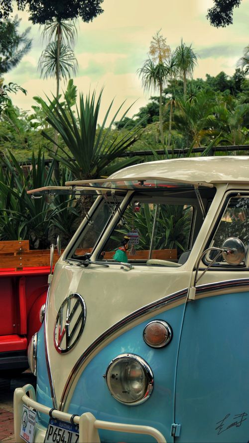 Free Vintage VW camper van parked in a lush tropical garden setting outdoors. Stock Photo