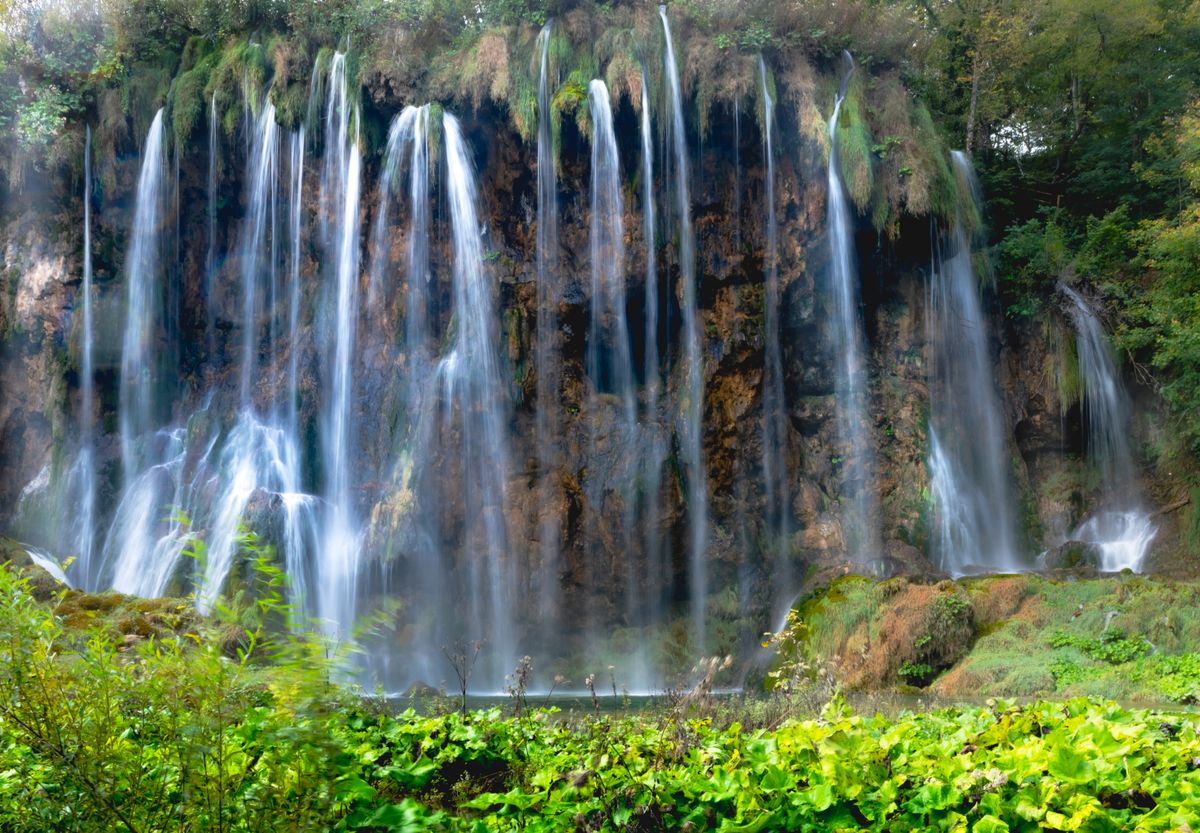 Multiple cascading waterfalls at Plitvice Lakes National Park in Croatia