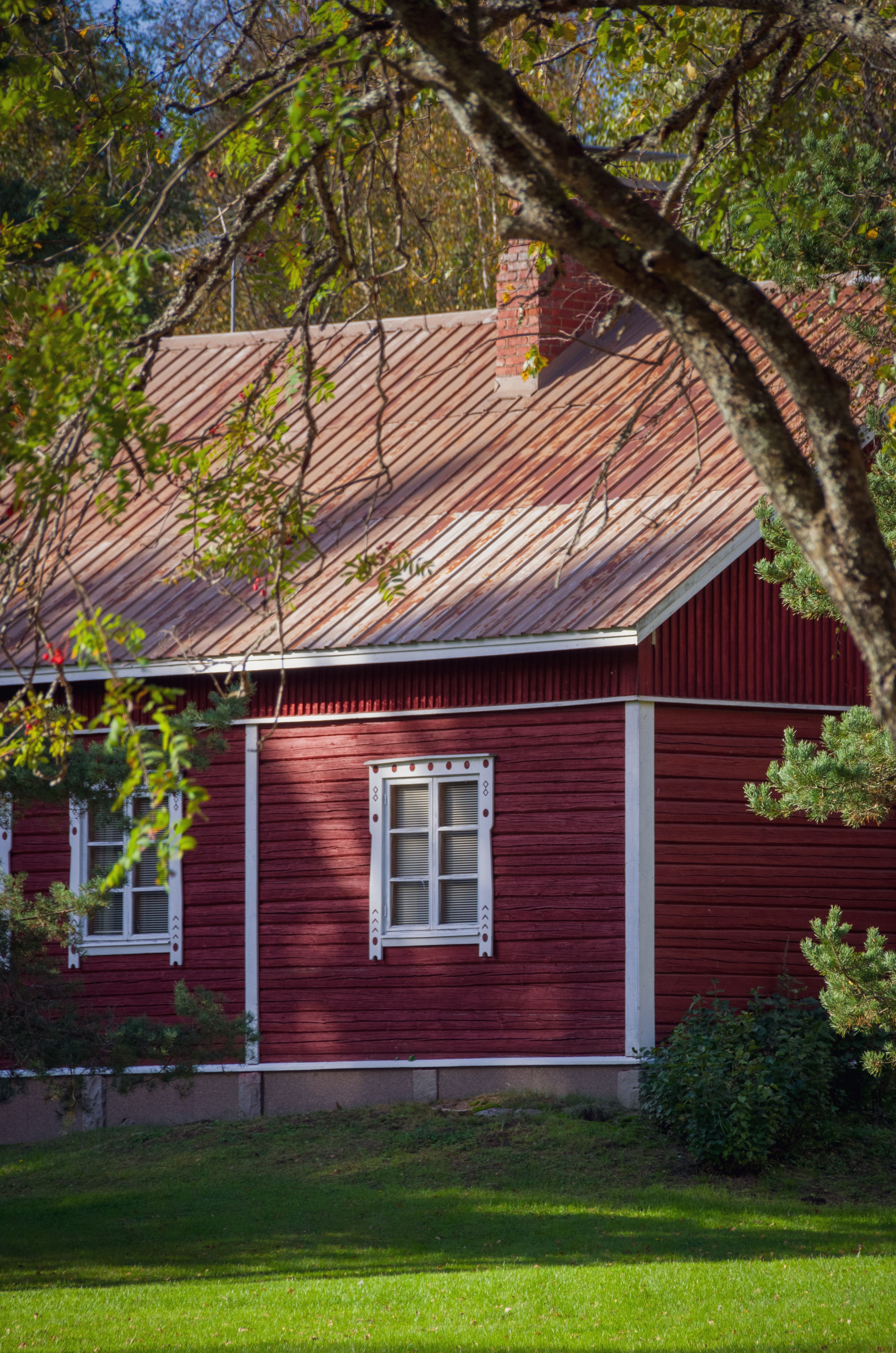 Rustic red log house surrounded by lush greenery in Finnish countryside, Kainuu.