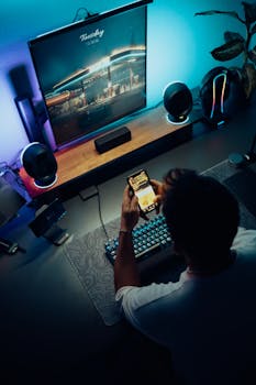 A man using a smartphone in a high-tech gaming setup with vibrant RGB lighting.