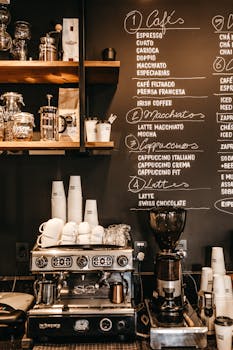 Charming coffee shop with espresso machine and menu, Brazil.