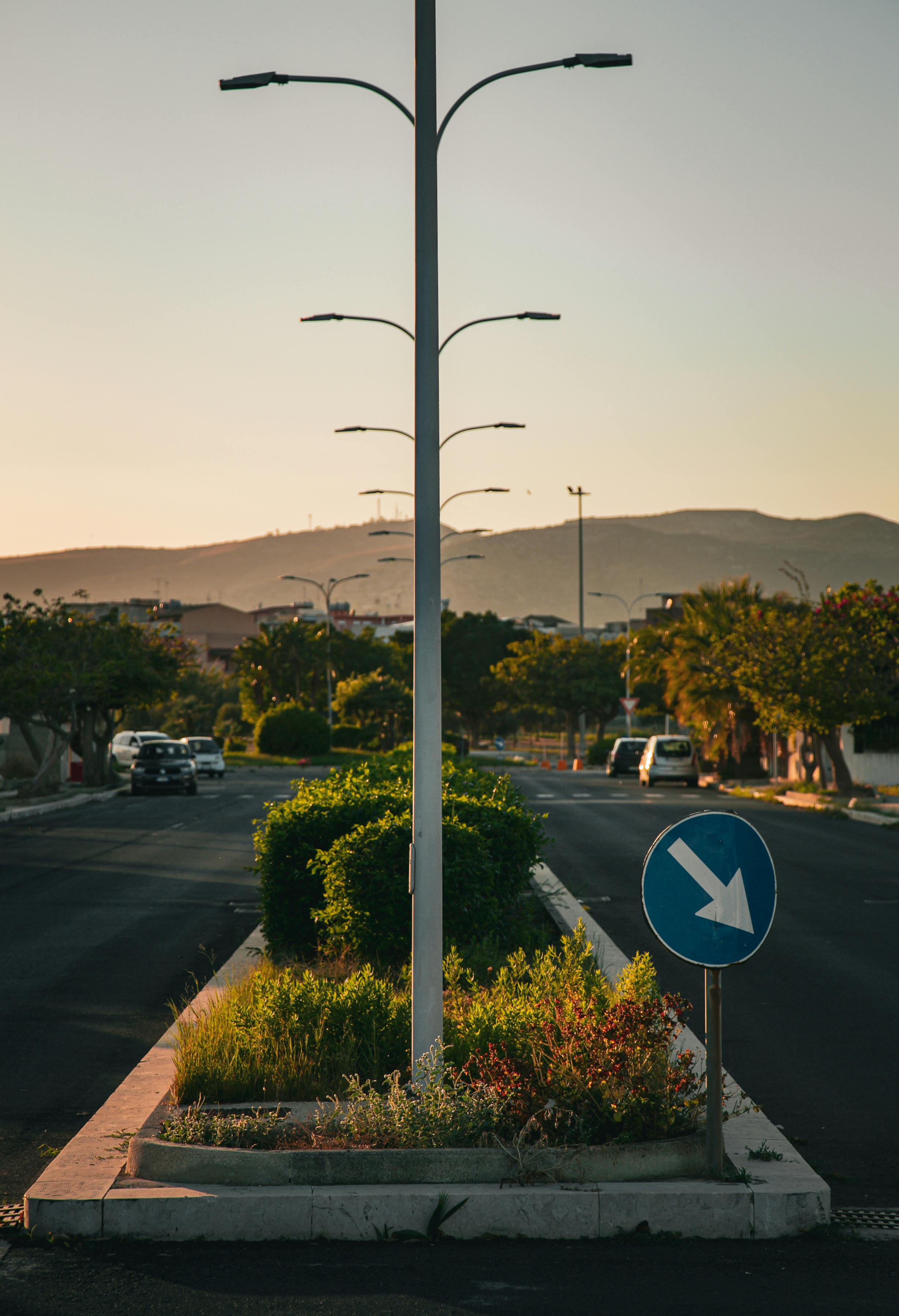 street with lampposts during sunset