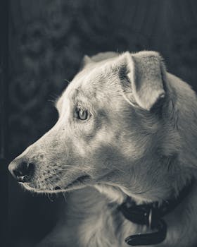 这张家犬脸部亲密的黑白轮廓照片，突出了它忠诚的表情