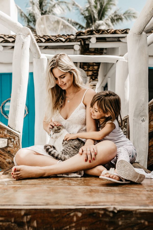Family with children and cat
