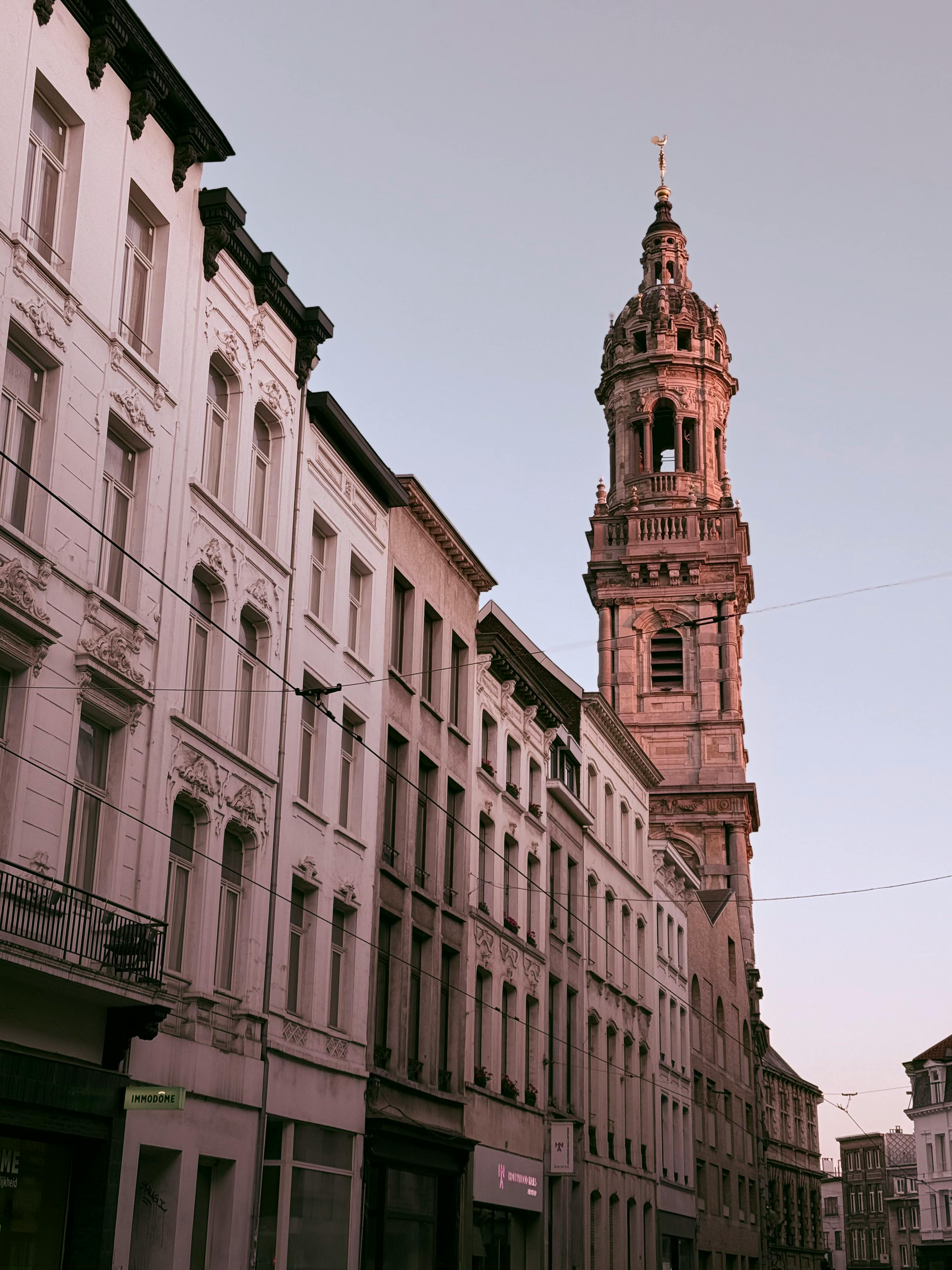 A stunning view of historic architecture in Antwerp captured at dusk. Showcases intricate European design.