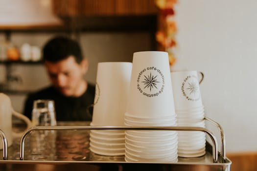 Stacked coffee cups in a cozy café setting with blurred barista in the background.