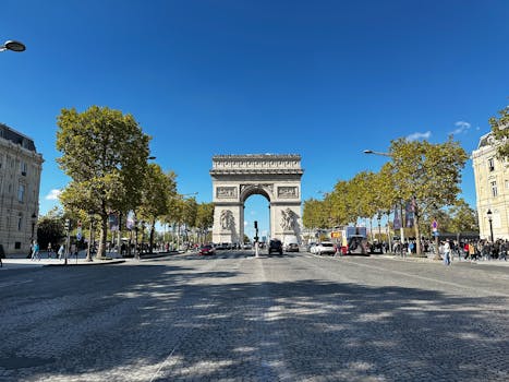 Arc de Triomphe under a clear blue sky in Paris, showcasing iconic architecture.