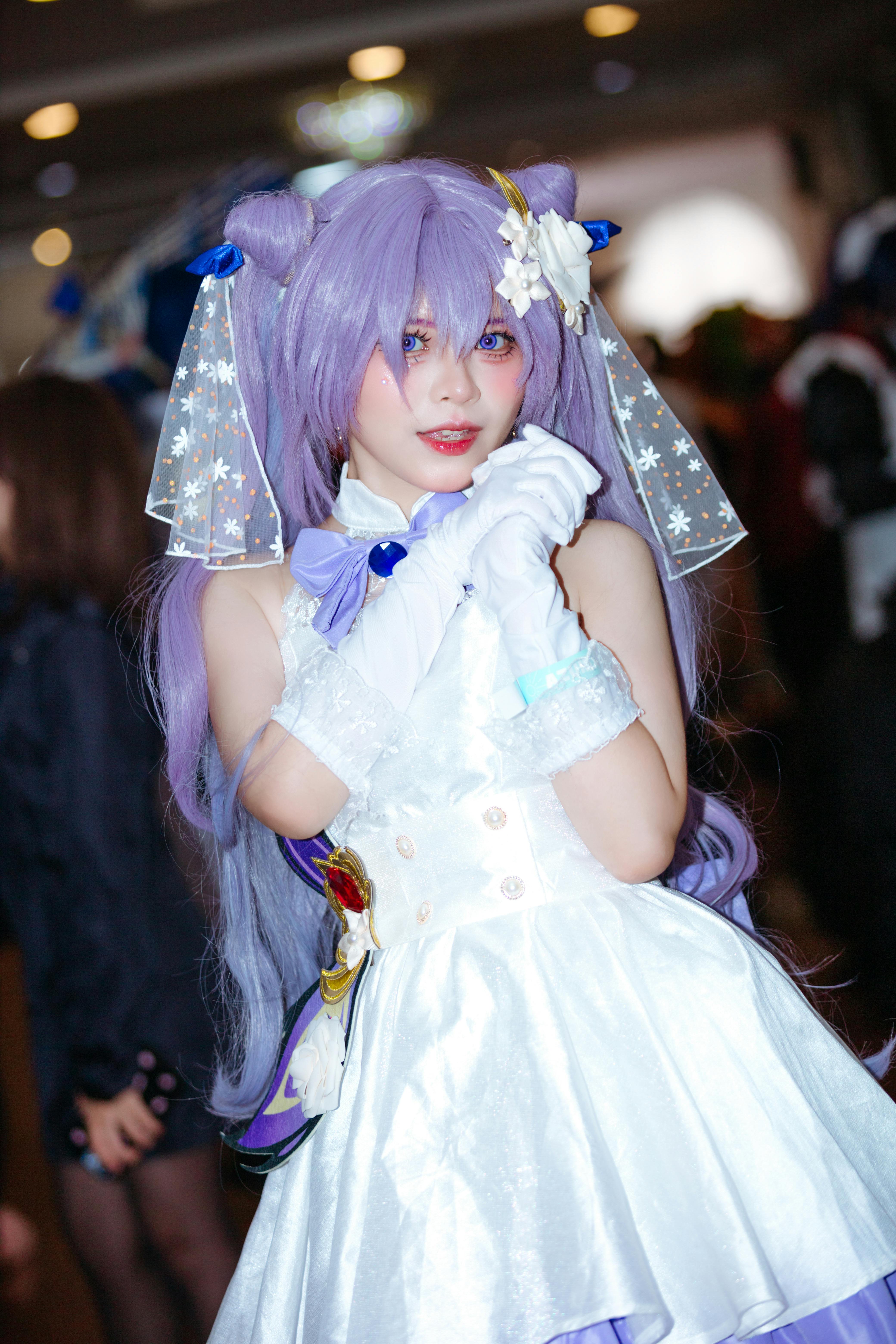 colorful anime cosplay of purple haired character