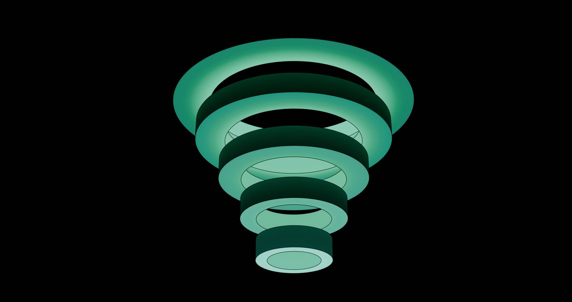Artistic 3D spiral structure in green hues against a solid black background, showcasing modern abstract design.