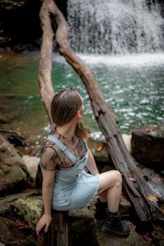 Young woman sitting on a log in front of a waterfall, enjoying the serene natural setting.