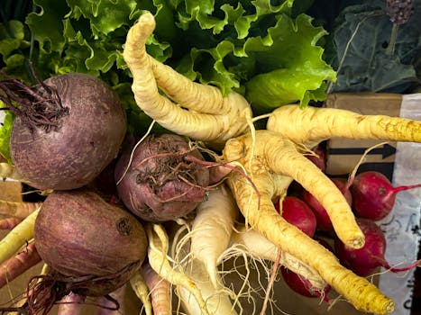 A vibrant display of fresh root vegetables and leafy greens at a market.