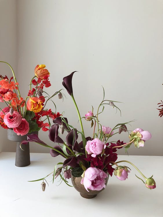 Composições De Flores Minimalistas Frescas Na Mesa Branca