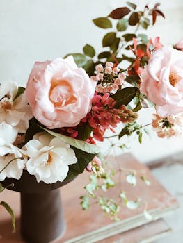 迷人的花卉布置以柔和的粉红和白玫瑰为特色，置于优雅的花瓶中，非常适合浪漫的场合