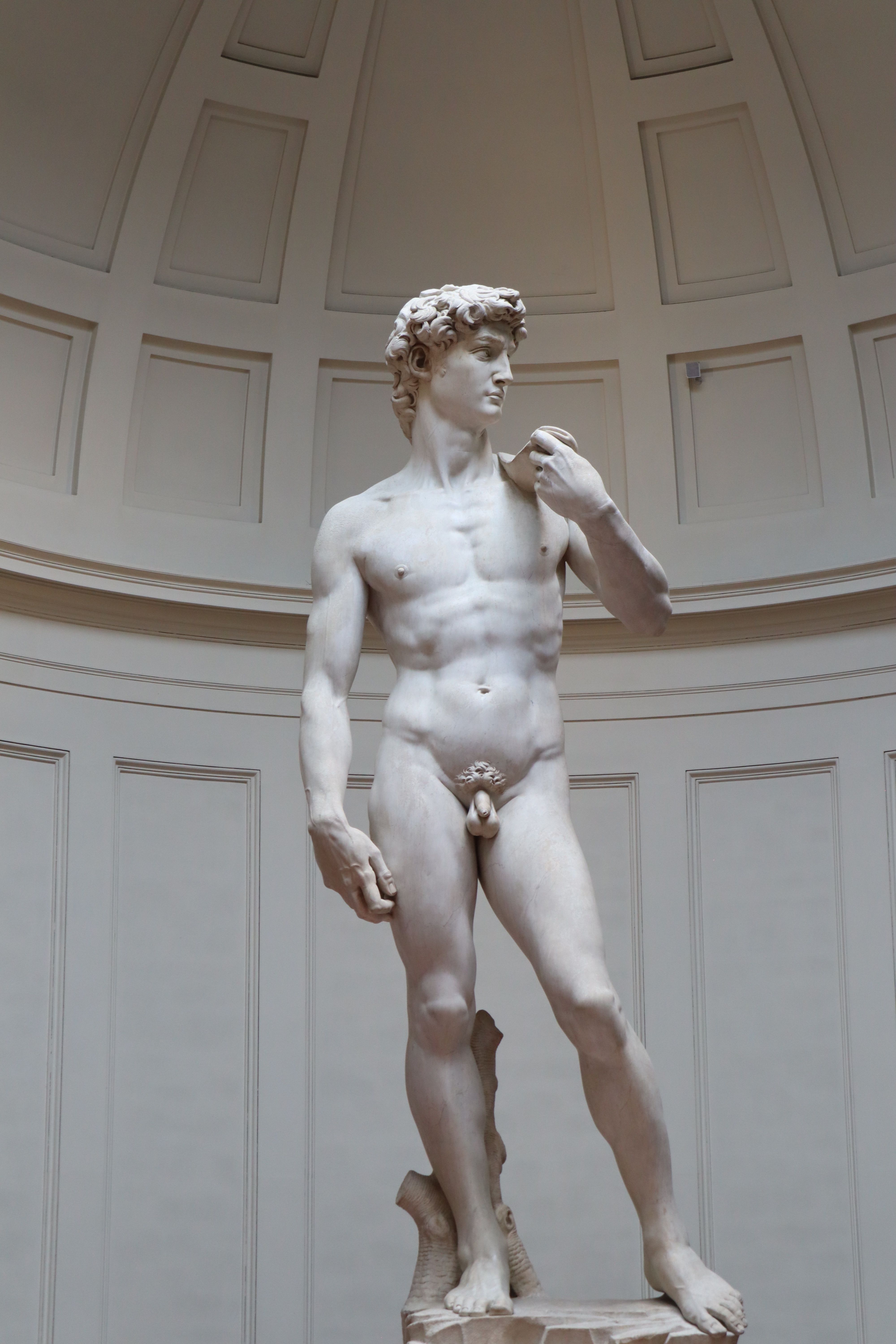 Iconic marble statue of David by Michelangelo in Florence's Accademia.