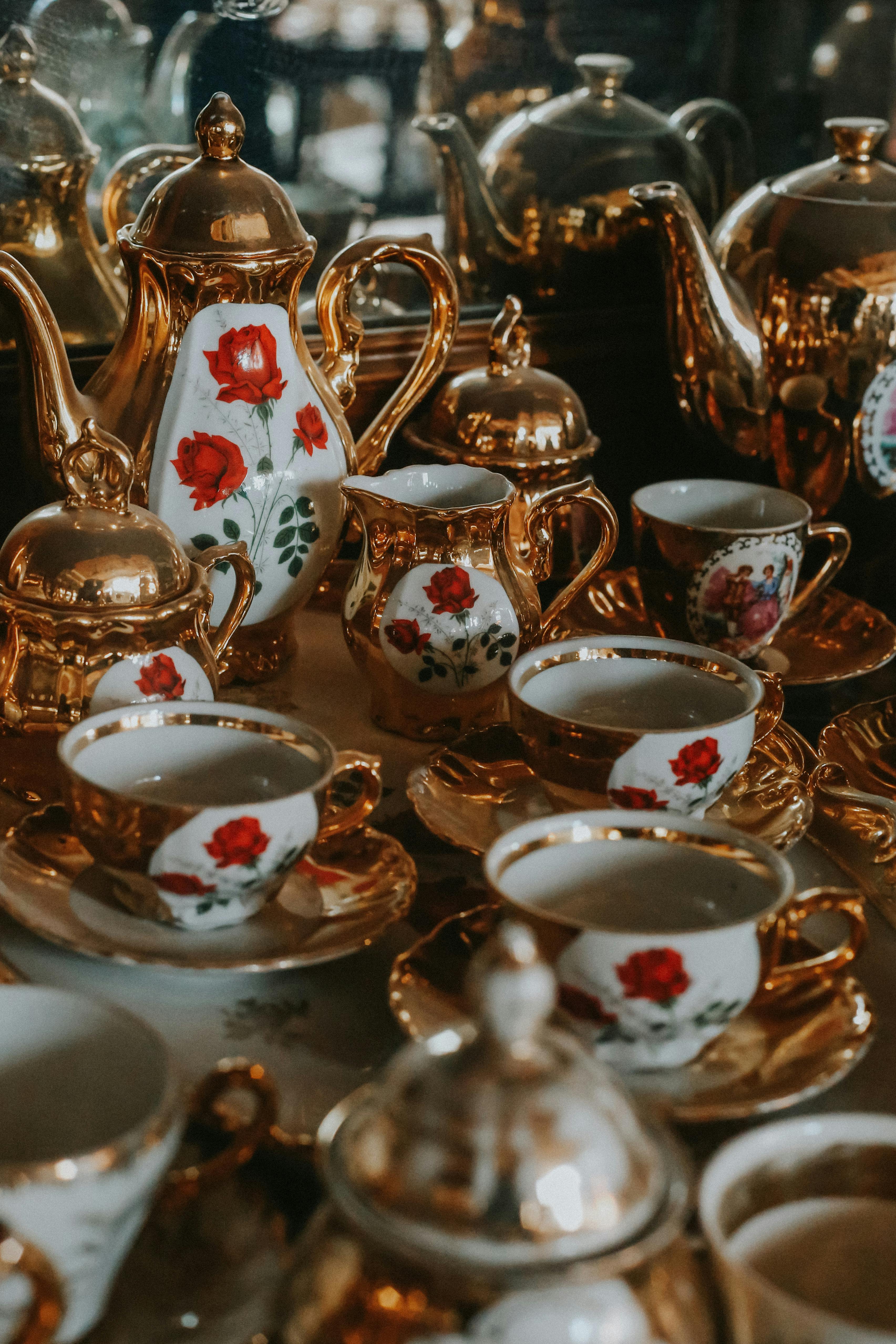 elegant vintage gold and floral tea set