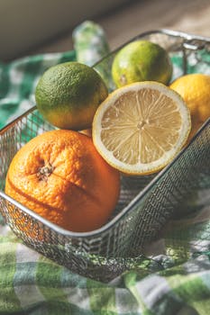 A close-up of vibrant oranges, lemons, and limes in a basket with natural lighting.