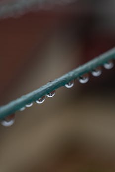Intriguing close-up of raindrops on wire, showcasing nature's simplicity.