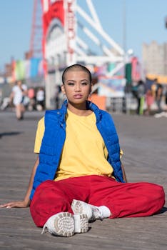 阳光明媚的木板路上，一位年轻女子充满活力地坐着