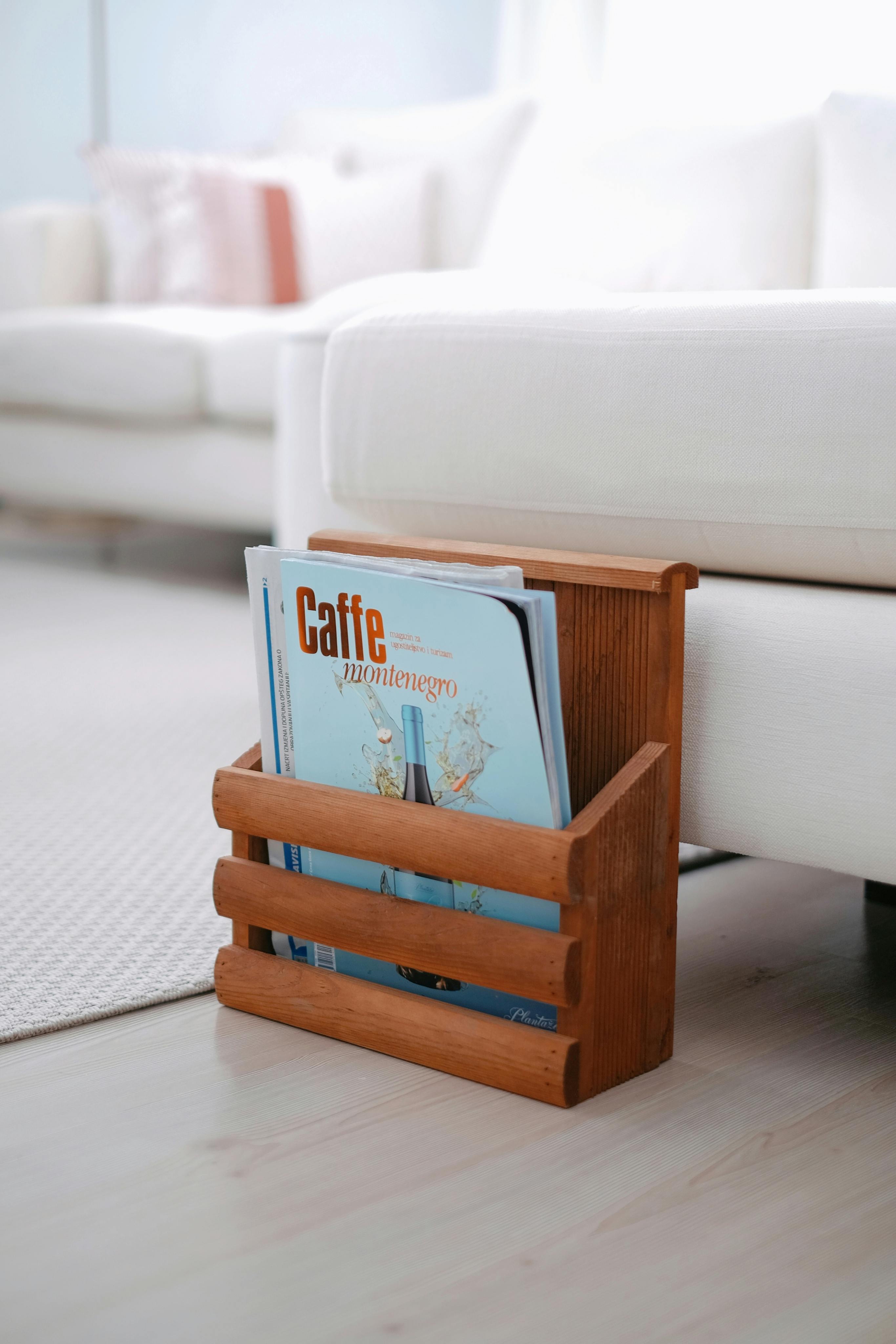 cozy living room with wooden magazine rack