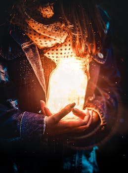 一幅艺术肖像描绘了一个女人在黑暗背景下手持发光罐子，创造出神奇的光效