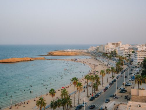 Free Aerial view of a vibrant beach city with palm-lined streets and bustling shoreline. Stock Photo