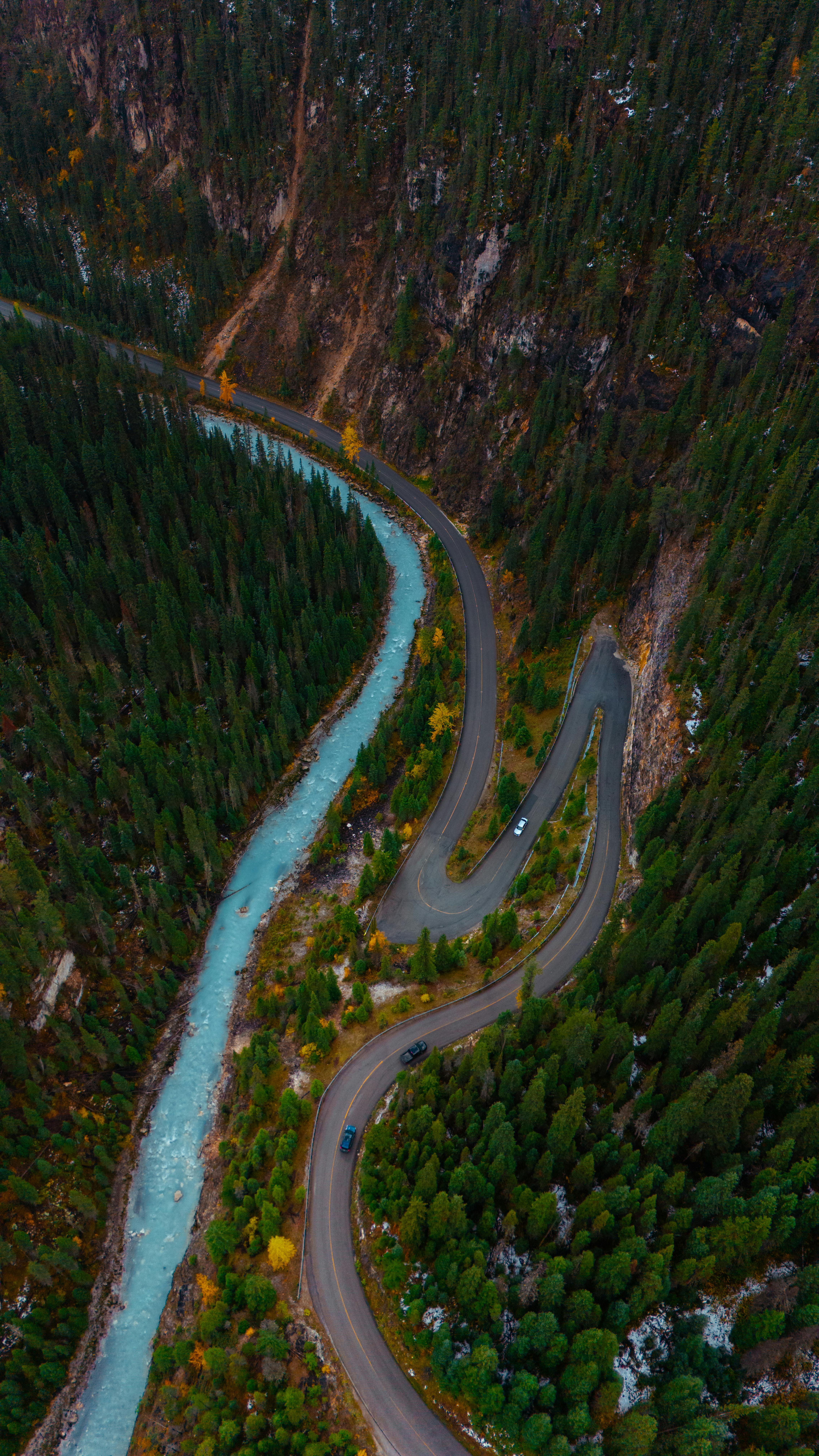A breathtaking aerial shot of a winding road through dense forest in Canadian mountains.