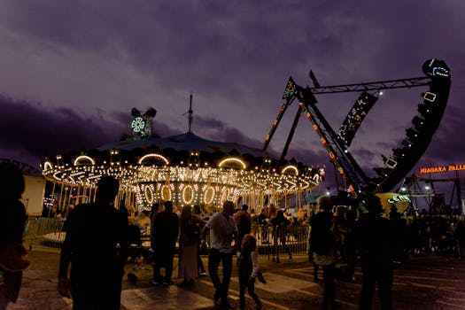 Illuminated carousel and thrill rides at an amusement park during twilight, capturing the essence of excitement and fun.