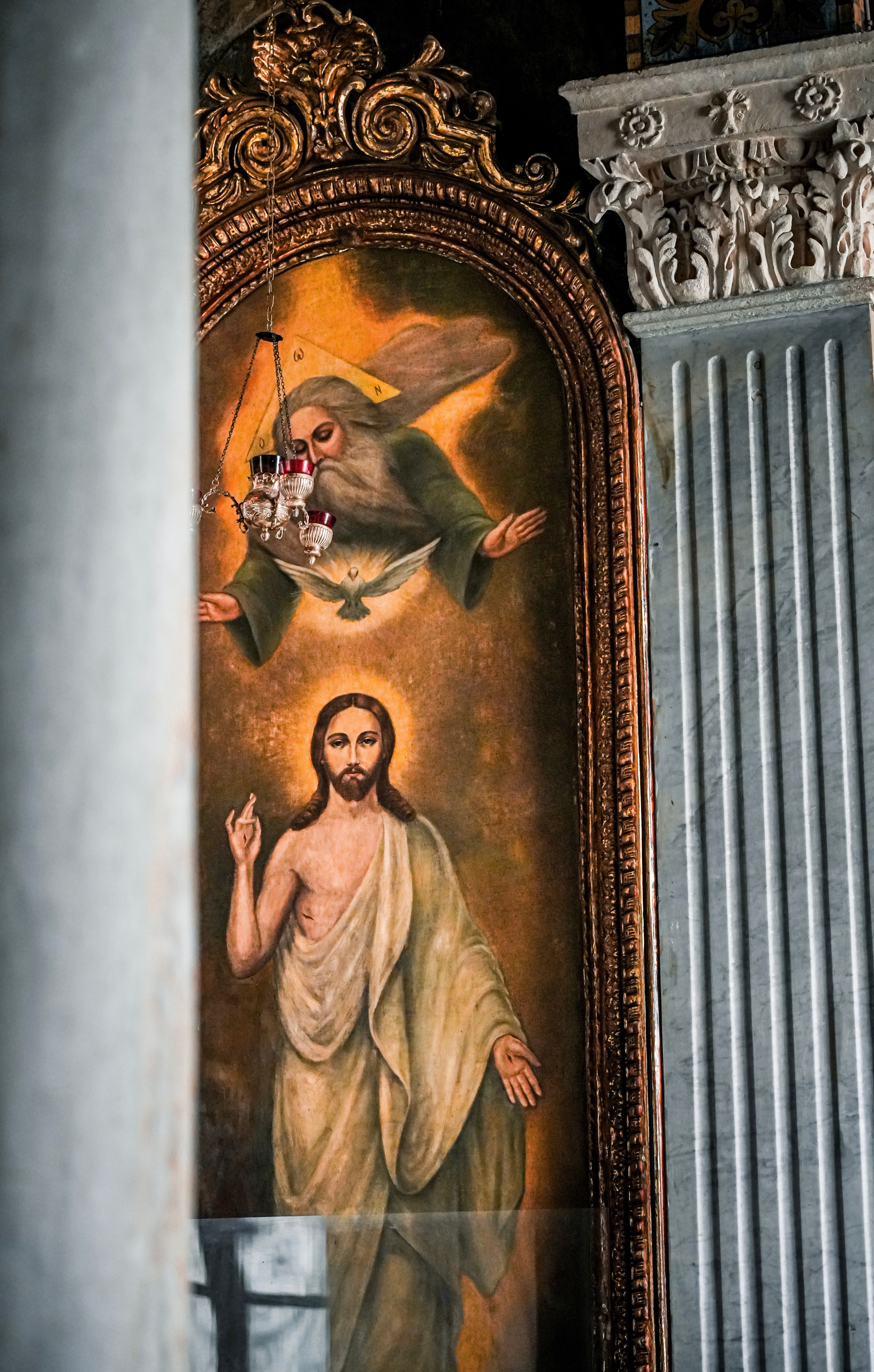 A detailed view of religious artwork inside a historic Istanbul church.