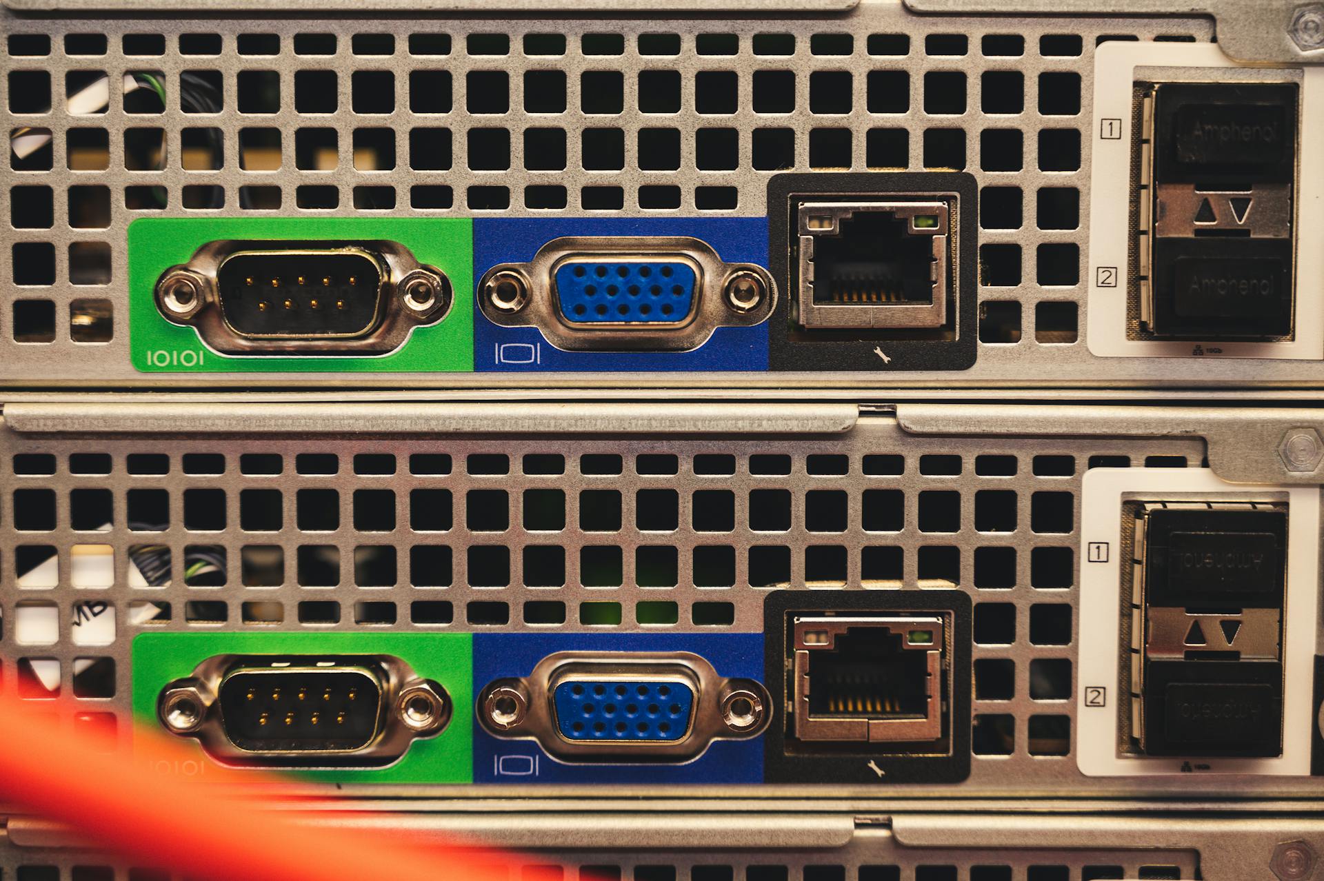 Detailed view of Ethernet and VGA ports on a server highlighting connectivity features.