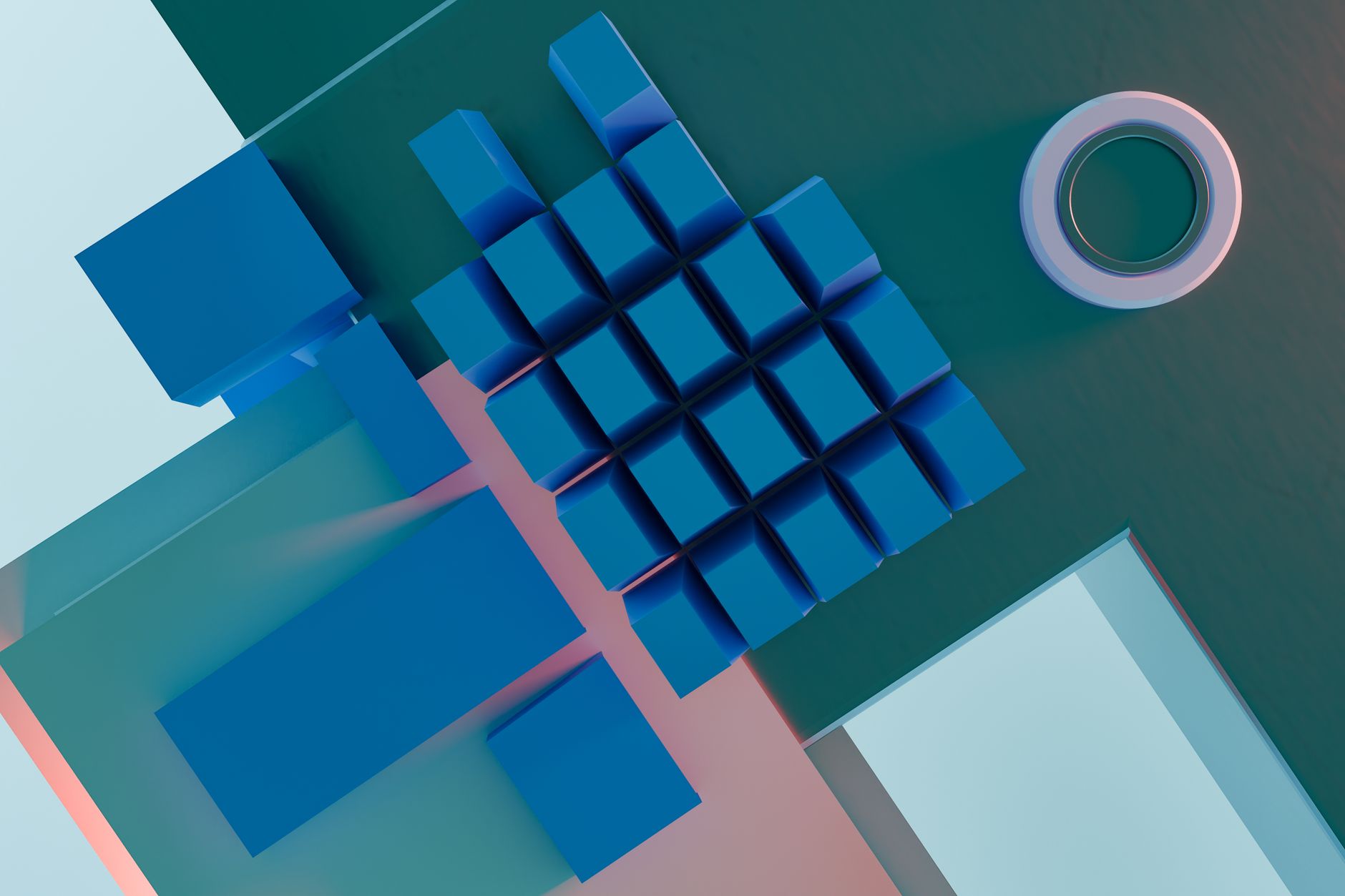 3D render of geometric shapes with a pastel color palette, ideal for modern backgrounds.