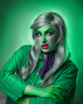 Bold fantasy portrait featuring a character with striking green makeup and hair in a vivid setting.
