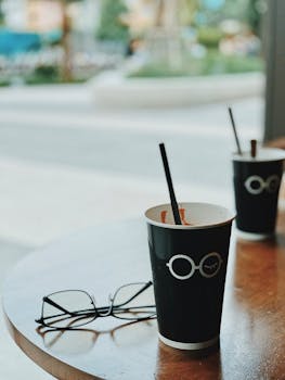 咖啡桌上的咖啡杯和眼镜营造出极简主义的场景，令人放松