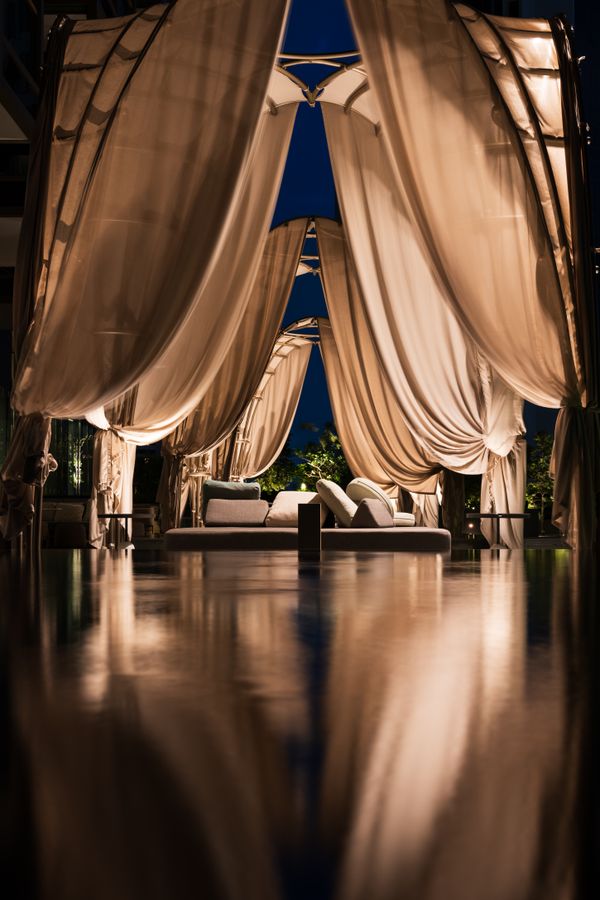Luxury outdoor cabana at night