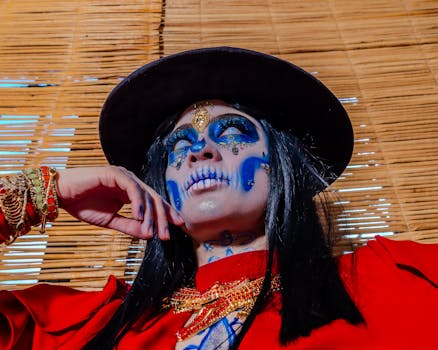 Vibrant portrait of a woman in Dia de los Muertos Catrina makeup, Mexico.