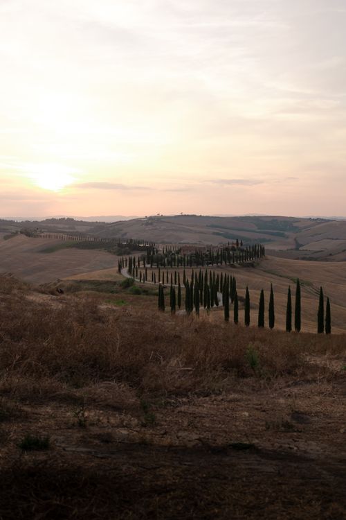 Sunset Over Rolling Tuscan Hills and Cypress Trees · Free Stock Photo
