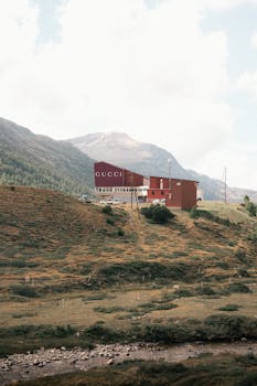 Gucci building in the serene Swiss Alps landscape near Zermatt, Switzerland.