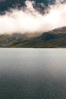 Serene lake view with mist-covered Alps in St. Moritz, Switzerland, perfect for nature lovers.
